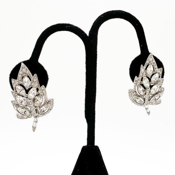 Vintage Bellini Earrings Signed Crystal Rhinestone Leaf Spray Silver Tone - Picture 4 of 12